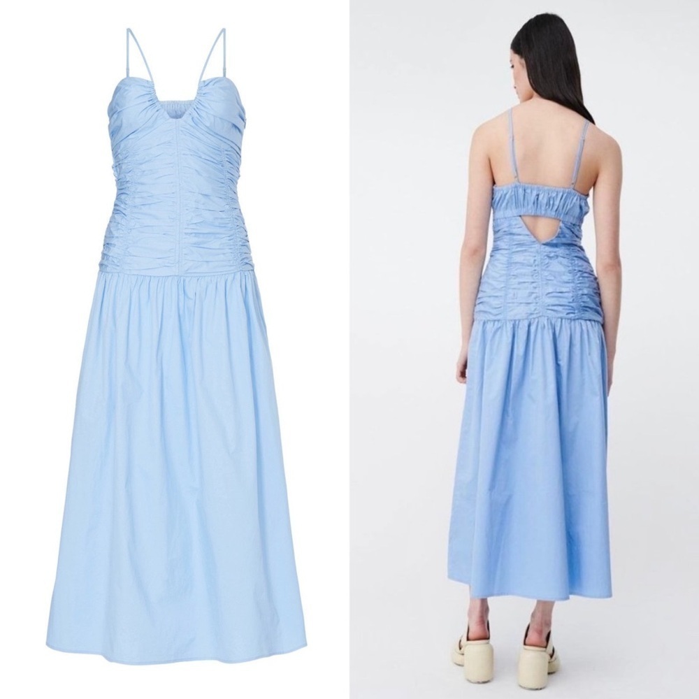 Suboo Blue Cotton Smocked Bodice Sleeveless Back Cutout Drop Waist Midi Dress Xs — image 7 of 8